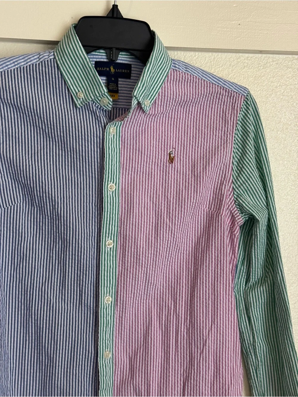 Ralph Lauren Girls Seersucker Shirt Dress Colorblock Stripe Button Front Size 16